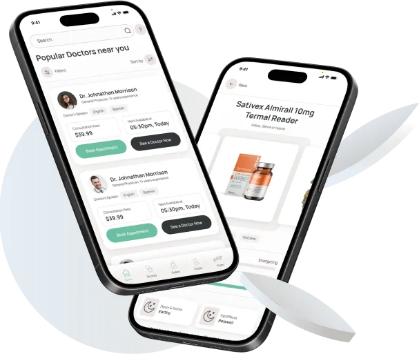 Screenshots of the pH7 Patients app for access to medical cannabis care in Portugal and the UK.